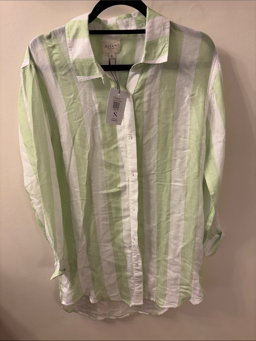 SitanO Striped Button-Up Shirt in Light Green and White